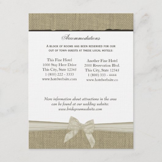 Rustieke Burlap en Bow Direction Info Kaart (Voorkant)