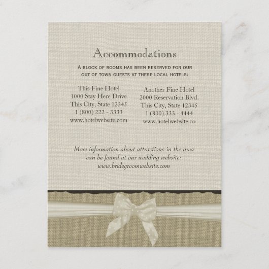 Rustieke Burlap en Bow Direction Info Kaart (Voorkant)