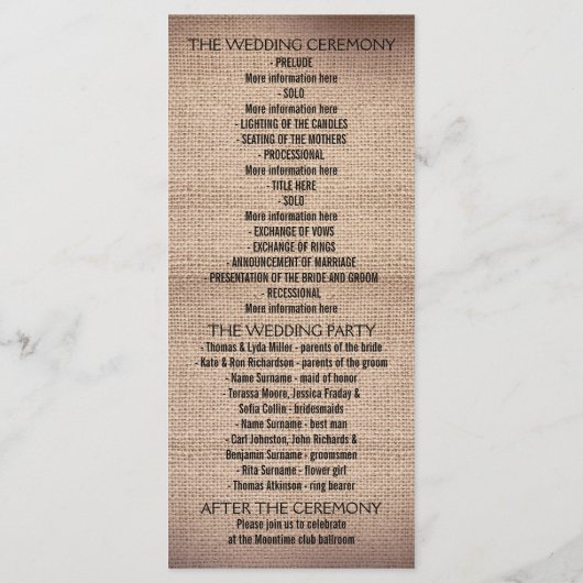 Rustieke burlap en kant trouwprogramma's programma (Achterkant)