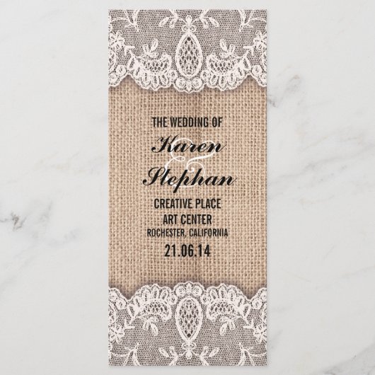 Rustieke burlap en kant trouwprogramma's programma (Voorkant)
