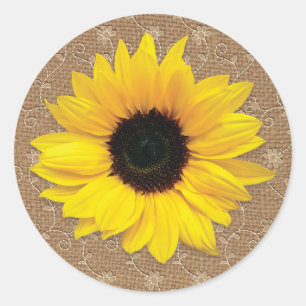 Rustieke Burlap en Kant Zonnebloem Bruiloft Ronde Sticker