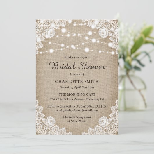 Rustieke Burlap en Lace bruids douche uitnodiging (Staand voorkant)