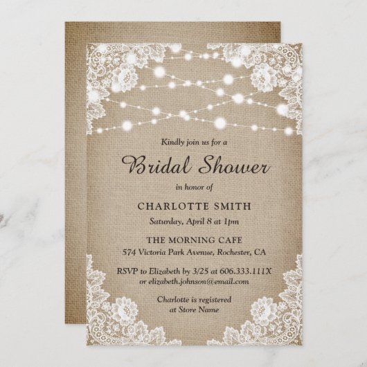 Rustieke Burlap en Lace bruids douche uitnodiging (Voorkant / Achterkant)