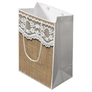 Rustieke Burlap en Lace Effect papieren zak Medium Cadeauzakje