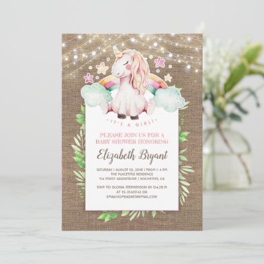 Rustieke Burlap en Magische Eenhoorn Baby shower Kaart (Staand voorkant)
