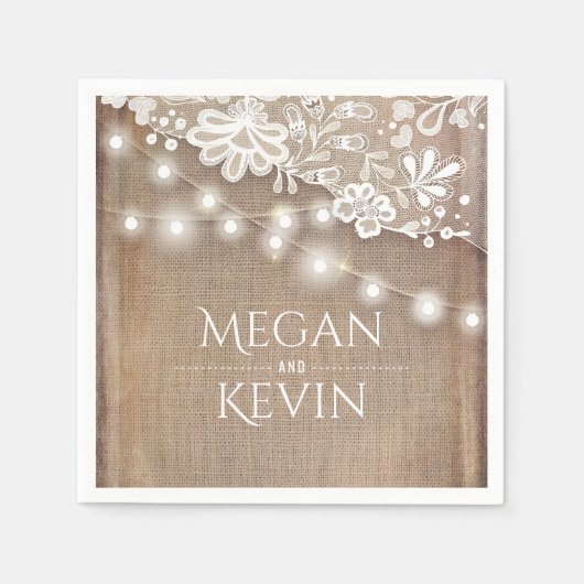 Rustieke Burlap en String Lights Lace Wedding Servetten (Voorkant)