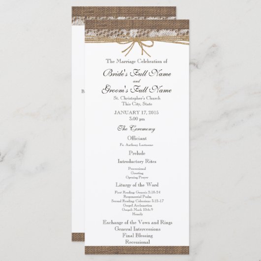 Rustieke Burlap en Twine huwelijksprogramma Programma (Voorkant / Achterkant)