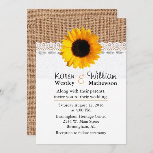 Rustieke Burlap en Zonnebloem bruiloft uitnodiging (Voorkant / Achterkant)