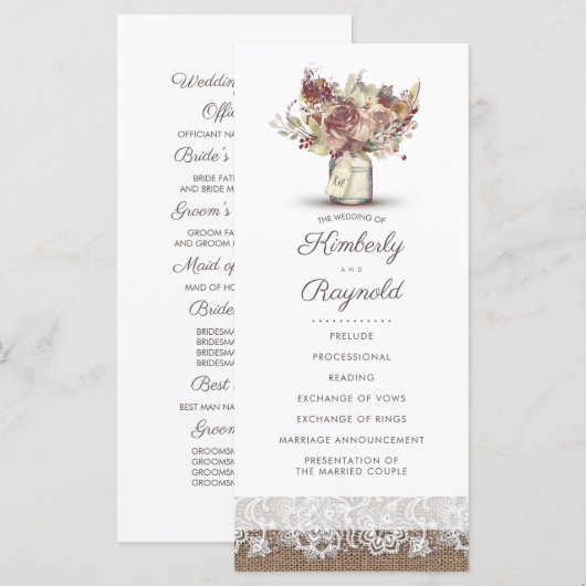 Rustieke Burlap Floral Mason Jar Trouwprogramma's Programma (Voorkant / Achterkant)