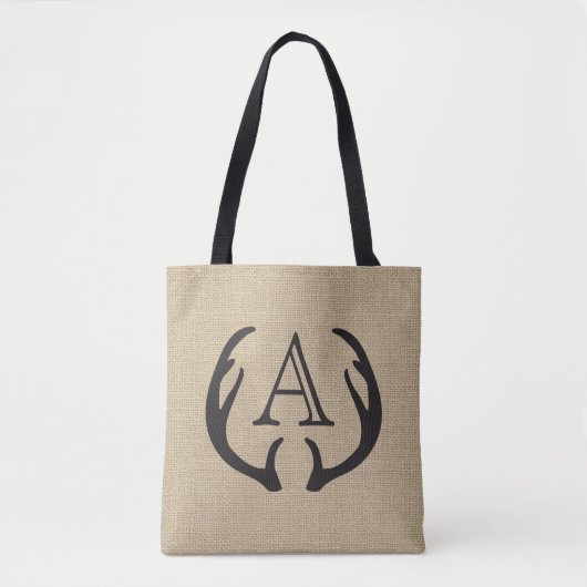 Rustieke Burlap Herten Antler Monogrammed Canvas t Draagtas (Voorkant)