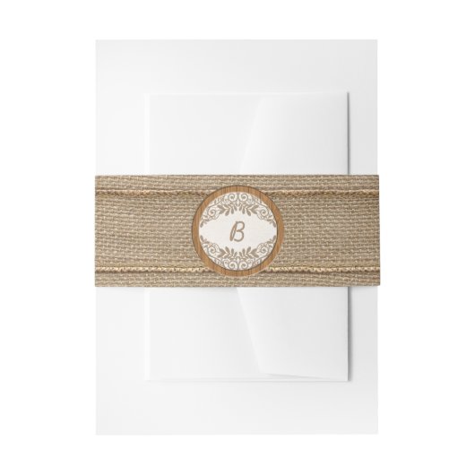 Rustieke Burlap Hout Monogram Bruiloft Belly Band Uitnodigingen Wikkel (Voorkant Voorbeeld)