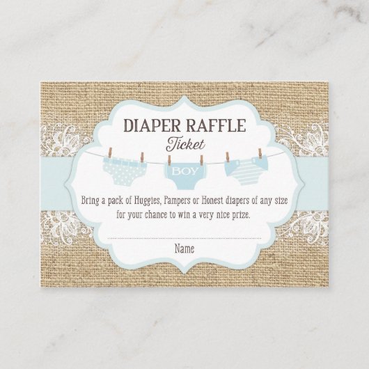 Rustieke Burlap Kant Blue Boy Luier Raffle Ticket Informatiekaartje (Voorkant)