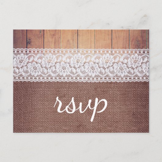 Rustieke Burlap Kant & Hout RSVP Uitnodiging Briefkaart (Voorkant)