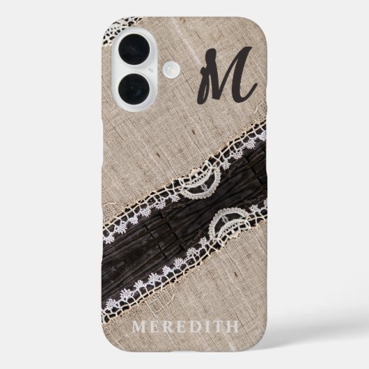 Rustieke Burlap Kant Schuur Hout Elegantie Monogra Case-Mate iPhone Case (Achterkant)
