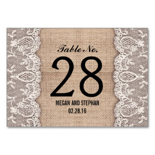 Rustieke burlap kant trouwtafel nummer kaarten