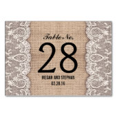 Rustieke burlap kant trouwtafel nummer kaarten (Voorkant)