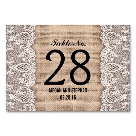 Rustieke burlap kant trouwtafel nummer kaarten (Voorkant)