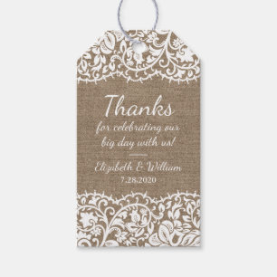 Rustieke Burlap &  kanten bruiloft dank u Cadeaulabel