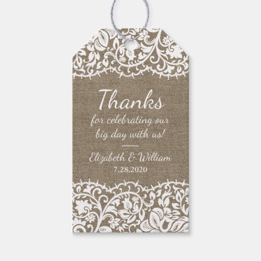 Rustieke Burlap & kanten bruiloft dank u Cadeaulabel (Voorkant)