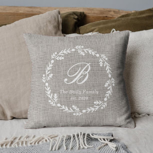 Rustieke burlap krans aangepaste monogram familien kussen
