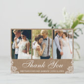 Rustieke Burlap Lace 3 foto bruiloft dank u Bedankkaart (Staand voorkant)