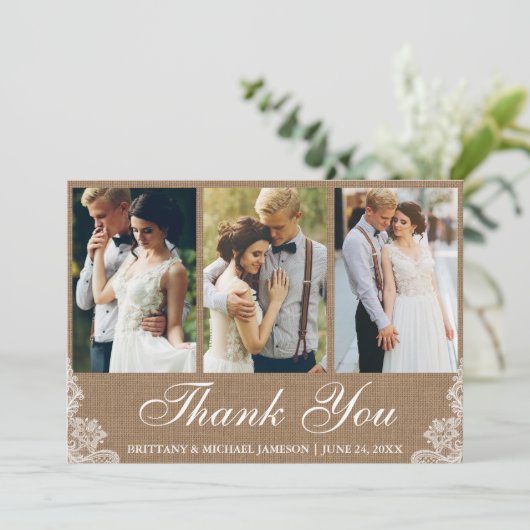 Rustieke Burlap Lace 3 foto bruiloft dank u Bedankkaart (Staand voorkant)