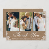 Rustieke Burlap Lace 3 foto bruiloft dank u Bedankkaart (Voorkant / Achterkant)