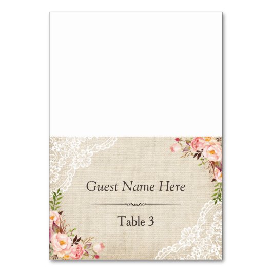 Rustieke Burlap Lace Bloemen Trouwplaats Kaart (Voorkant)