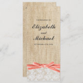 Rustieke Burlap Lace Coral Ribbon Trouwprogramma Programma (Voorkant / Achterkant)