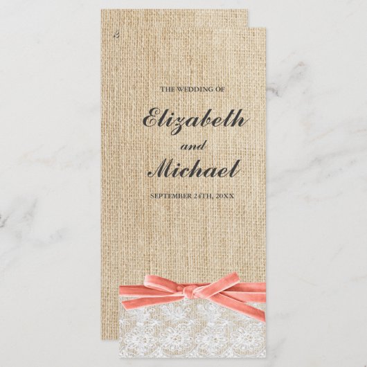 Rustieke Burlap Lace Coral Ribbon Trouwprogramma Programma (Voorkant / Achterkant)