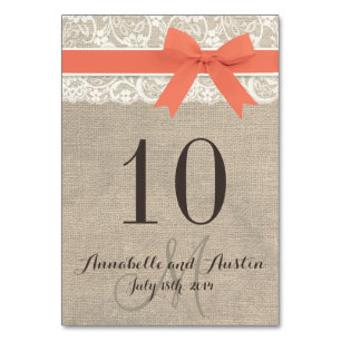 Rustieke Burlap Lace Coral Ribbon Trouwtafel Kaart