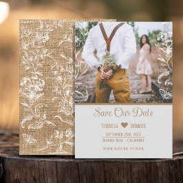 Rustieke Burlap Lace Floral Foto Bruiloft Save The Date