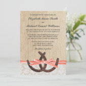 Rustieke Burlap Lace Hoefijzer Coral Ribbon Weddin Kaart (Staand voorkant)