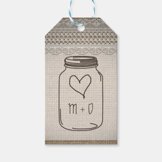 Rustieke Burlap Lace Mason Jar Hart Bruiloft Cadeaulabel (Voorkant)
