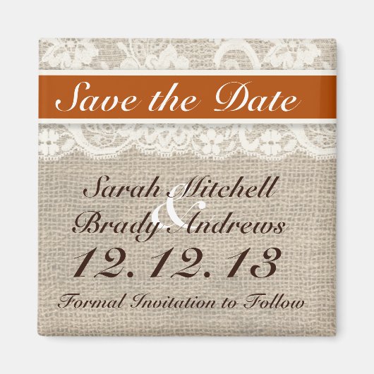 Rustieke Burlap Lace Sinaasappel Save the Date Mag Magneet (Voorkant)