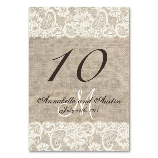 Rustieke Burlap Lace Trouwtafel Kaart (Voorkant)