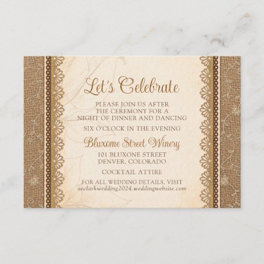 Rustieke Burlap LaceBruiloft Receptie Website Informatiekaartje (Voorkant)