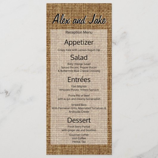 Rustieke Burlap  Land Bruiloft Menu Script (Voorkant)