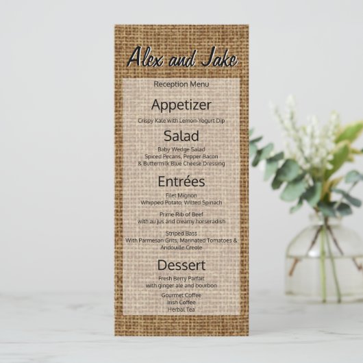 Rustieke Burlap  Land Bruiloft Menu Script (Staand voorkant)