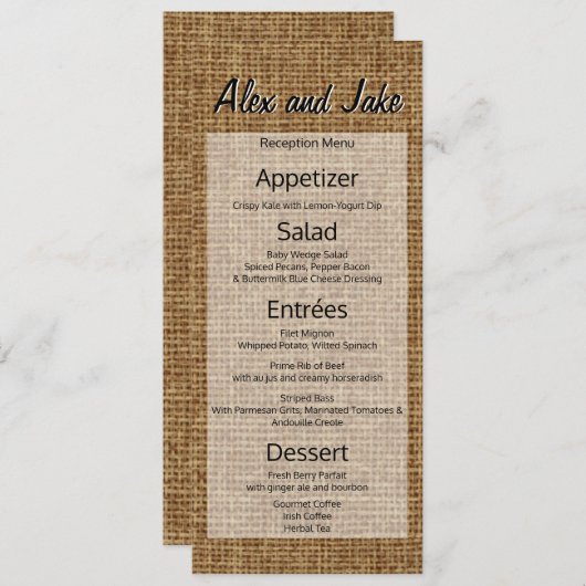 Rustieke Burlap  Land Bruiloft Menu Script (Voorkant / Achterkant)