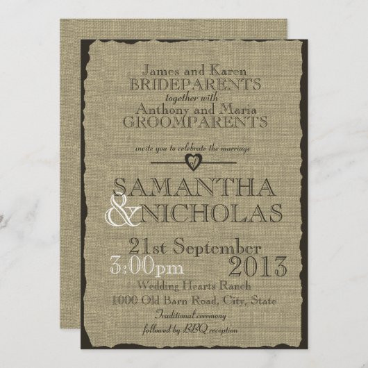 Rustieke Burlap Look bruiloft Kaart (Voorkant / Achterkant)