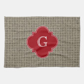 Rustieke Burlap Look Cranberry Quatrefoil Monogram Theedoek (Horizontaal)