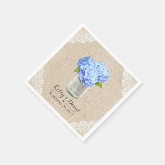 Rustieke Burlap Mason Jar Blue Hydrangea bruiloft Servetten (Hoek)