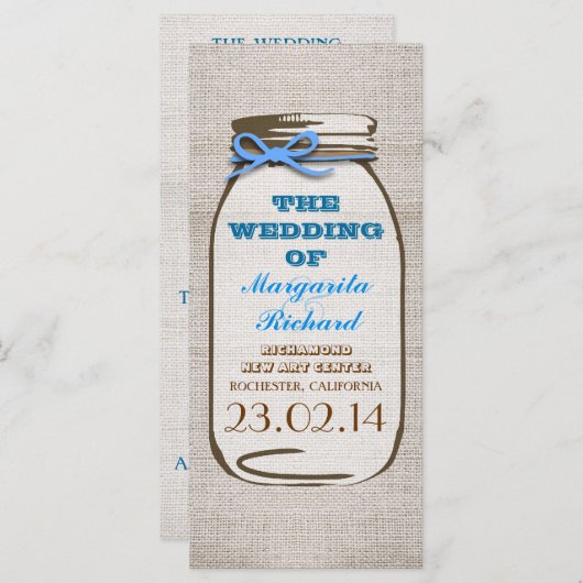 Rustieke burlap mason jar bruiloft programma's (Voorkant / Achterkant)