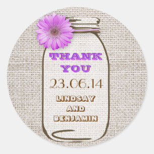 Rustieke Burlap Mason Jar Paarse Gerbera bruiloft Ronde Sticker