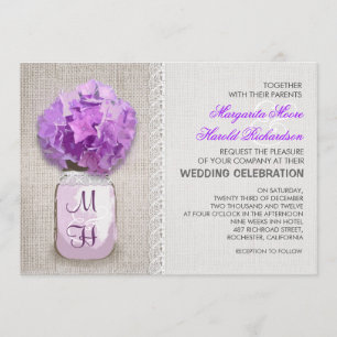 Rustieke Burlap Mason Jar Paarse Hydrangea bruilof Kaart