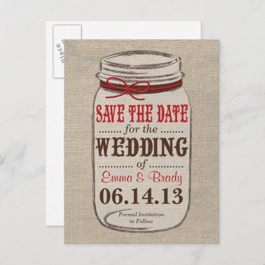 Rustieke Burlap & Mason Jar Save the Date Briefkaa Aankondigingskaart (Voorkant / Achterkant)