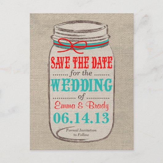 Rustieke Burlap & Mason Jar Save the Date Briefkaa Aankondigingskaart (Voorkant)