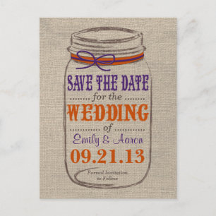 Rustieke Burlap & Mason Jar Save the Date Briefkaa Aankondigingskaart