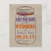 Rustieke Burlap & Mason Jar Save the Date Briefkaa Aankondigingskaart (Voorkant)